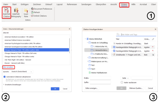 Drei zusammengestellte Screenshots von Programmausschnitten aus Zotero und Word. Ganz oben Screenshot von oberem Programmteil aus Word. Im Menüband ist Reiter "Zotero" ausgewählt rot umrandet. Darunter stehen Funktionen des Reiters. Ganz links Piktogramm eines Papierbogens und Bezeichnung "Add/Edit Citation". Funktion ist rot umrandet. Darunter Screenshot von Zotero-Fenster "Zotero-Dokumenteinstellungen". Darunter aufgelistete Zitierstile. Darunter rot umrandete Funktion "Stile verwalten". Dritter Screenshot von Pop-Up Zotero-Fenster "Zitation hinzufügen/ändern". Links stehen Sammlungen, rechts Medien die sich in ausgewählter Sammlung befinden. Darunter stehen "Präfix", "Suffix" und "Seite, mit nebenstehender Eintragungsmöglichkeit.