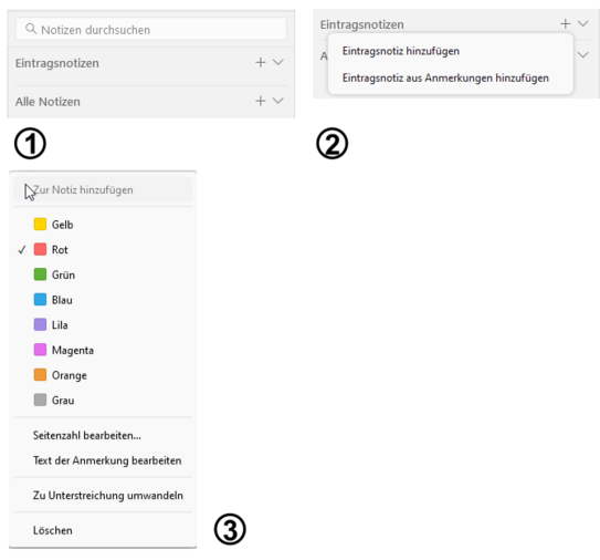 Drei beieinander stehende Screenshots aus dem Zotero PDF-Editor. Erster Screenshot Ausschnitt aus rechter Editor-Spalte. Oben Suchfeld "Notizen durchsuchen". Darunter stehen Zwei Reiter "Eintragsnotizen" und "Alle Notizen". Neben den Reitern Plus-Symbole. Zweiter Screenshot gleicher Ausschnitt. Unter Reiter "Eintragsnotizen" steht Pop-up-Fenster mit zwei Funktionen "Eintragsnotiz hinzufügen" und "Eintragsnotiz aus Anmerkungen hinzufügen". Dritter Screenshot Ausschnitt aus linker Editor-Spalte. Pop-up Fenster. Mauszeiger auf oberstem Reiter "Zur Notiz hinzufügen".