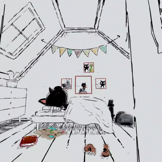 Screenshot aus der Anwendung. Gezeigt ist eine gezeichnete Umgebung. Ein Schlafzimmer mit einer schlafenden Katze.