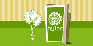 Grafik im TU-Grün mit links weißen Luftballons und rechts einer geöffneten Tür, in der das HyLeC-Logo zum Vorschein kommt