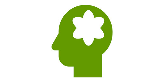 Grünes Symbol eines menschlichen Kopfes mit weißem Aufdruck eines Atoms