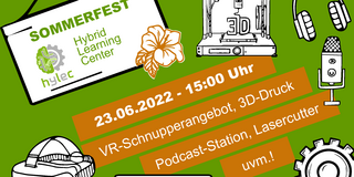 Grafik mit textlichen Infos zum Sommerfest. Um den Text verteilt auf grünem Hintergund verteilt sind im Uhrzeigersinn ein 3D-Drucker, Kopfhörer mit Mikrofon, Zahnräder, Polycom und VR-Brille im gezeichneten Stil.