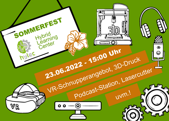 Grüner Hintergrund. Mittig weißer Schriftzug "23.06.2022 - 15:00 Uhr VR-Schnupperangebot, 3D-Druck, Podcast-Station, Lasercutter uvm.!" auf orangenem Grund. Drum herum weißes, hängendes Schild mit Aufschrift "Sommerfest HyLeC" und schwarz-weiße Piktogramme eines 3D-Druckers, Kopfhörern, Mikrofon, Zahnrädern, Kamera und VR-Brille."