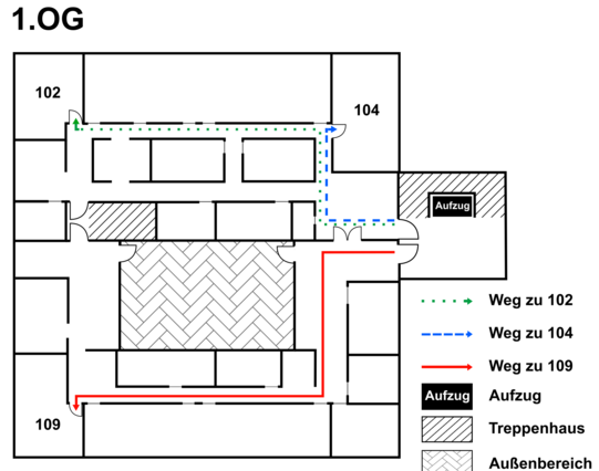 Ein Lageplan des 1.OG der Universitätsbibliothek im Sebrathweg 7 mit Wegen eingezeichnet, um die Arbeitsräume des HyLeCs zu finden