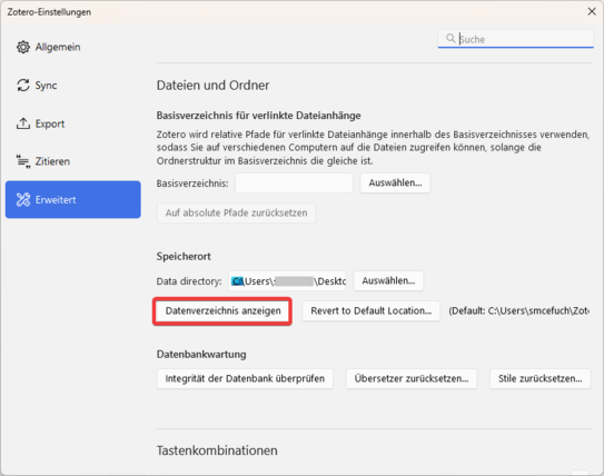 Screenshot von Einstellungsfenster im Programm Zotero. Links stehen Unterkapitel des Fensters. Letztes Unterkapitel "Erweitert" ist blau unterlegt, da ausgewählt. Rechts neben Unterkapiteln stehen die erweiterten Einstellungsmöglichkeiten. Oben Überschrift "Dateien und Ordner". Darunter "Basisverzeichnis für verlinkte Dateianhänge". Darunter "Speicherort" mit auswählbarem Speicherort. Button "Datenverzeichnis anzeigen" darunter ist rot umrandet.