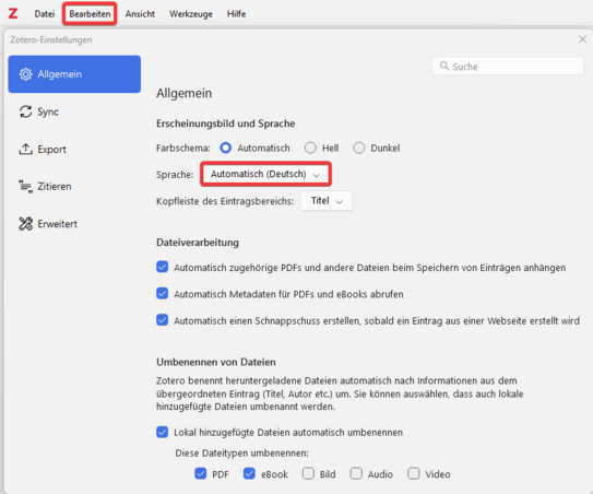 Screenshot von Einstellungsfenster im Programm Zotero. Am oberen Bildrand Symbolleiste. Zweite Funktion von links "Bearbeiten" rot eingekreist. Darunter Einstellungsfenster. Links stehen Unterkapitel des Fensters. Erstes Unterkapitel "Allgemein" ist blau unterlegt, da ausgewählt. Rechts neben Unterkapiteln stehen die allgemeinen Einstellungsmöglichkeiten. Oben Überschrift "Erscheinungsbild und Sprache". Darunter "Farbschema" mit ausgewählter Option "Automatisch". Darunter Steht "Sprache" mit Drop-Down-Auswahl "Automatisch (Deutsch)". Auswahl ist rot umrandet.