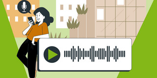 Grafik, abgebildet: Vorne eine Tonspur, links eine Frau, die in ein Handy spricht mit einer Sprechblase, in der ein Mikro abgebildet ist. Im Hintergrund Häuser.