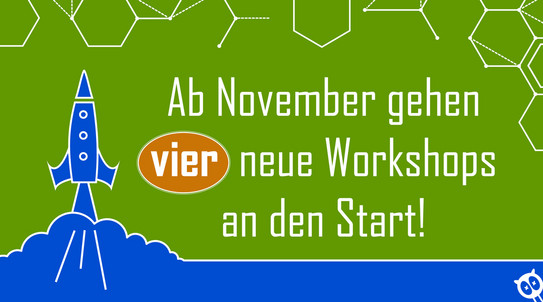 Grafik mit der Info, dass es neue Workshops an den Start gehen mit einer Rakete als Bild