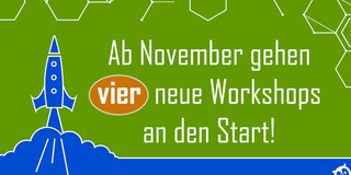 Grafik mit der Info, dass es neue Workshops an den Start gehen mit einer Rakete als Bild