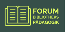 In very light green, a symbol depicting a book with the writing "forum library education" right of it. On a darkgreen background.