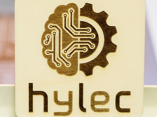 Logo des Hylec gelasert in Holz.