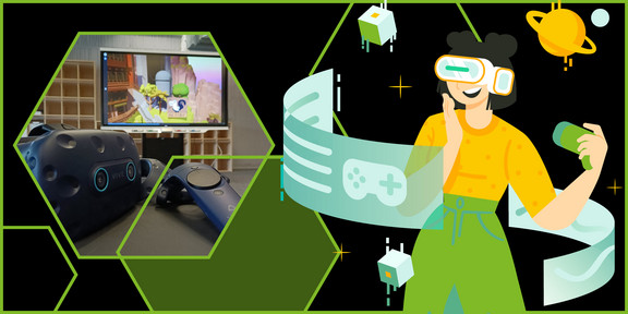 Links ein Foto einer Virtual reality Brille mit Controllern, rechts eine Grafik einer VR- spielenden jungen Frau
