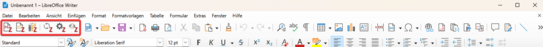 Screenshot von oberem Programmteil in Libreoffice. Unter Menüband stehen nebeneinander Zotero-Funktionen: Piktogramm eines Papierbogens mit Beschriftung, Piktogramm eines Notizzettels, Piktogramm nebeneinander stehender Bücher, Piktogramm eines Kreislaufs, Piktogramm eines Zahnrads, Piktogramm eines auseinander gebrochenen Kettengliedes.