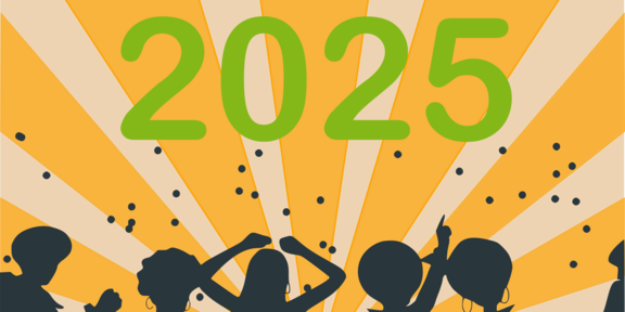 Schwarze Silhouetten von tanzenden Menschen. Darüber große 2025
