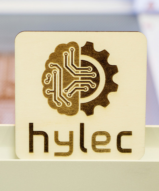 Logo des Hylec gelasert in Holz.
