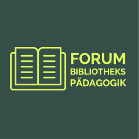 Logo des Forums Bibliothekspädagogik In sehr hellem grün, Symbol eines Buchs mit dem Schriftzug "Forum Bibliothekspädagogik" rechts daneben. Auf dunkelgrünem Hintergrund.