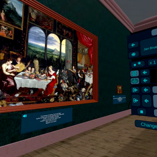 Screenshot aus der Anwendung. Gezeigt ist eine Ausstellungsfläche mit Gemälden an den Wänden.