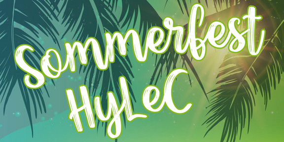 Text: "Sommerfest HyLeC" auf grün-blauem Palmenhintergrund