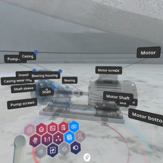 Screenshot aus der Anwendung. Gezeigt ist das Modell einer Pumpe mit Beschreibungen.
