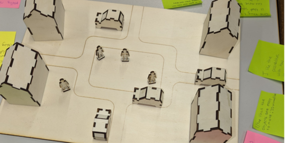 Holzplatte mit eingezeichneter Straße, darauf bewegliche 3D Holzhäuser, Autos und Männchen. Alles aus dem Lasercutter gebastelt. Rundherum liegen Post-Its mit Notizen