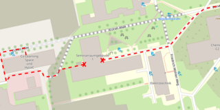 Screenshot von Campuskarte der TU Dortmund. Ausschnitt zeigt rot gestrichelten Weg von EU-net Allee zum SRG. Gestrichelte Linie wird hinter SRG um Co-Learning-Space herum weitergeführt.