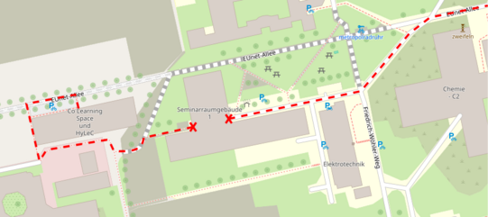 Screenshot von Campuskarte der TU Dortmund. Ausschnitt zeigt rot gestrichelten Weg von EU-net Allee zum SRG. Gestrichelte Linie wird hinter SRG um Co-Learning-Space herum weitergeführt.