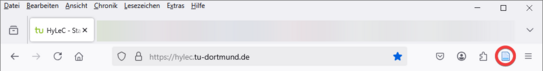 Screenshot von der Suchzeile aus Mozilla Firefox. Links oben Tab mit Beschriftung 'HyLeC - Startseite'. Darunter Zeile mit URL. Daneben angepinnte Werkzeuge. Viertes Werkzeug, der Zotero-Connector mit dem Symbol eines Blatt Papiers ist rot eingekreist.