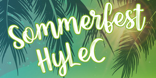 Text: "Sommerfest HyLeC" auf grün-blauem Palmenhintergrund