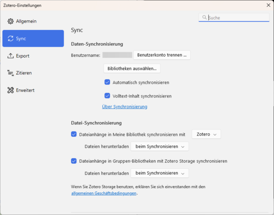 Screenshot von Einstellungsfenster im Programm Zotero. Links stehen Unterkapitel des Fensters. Zweites Unterkapitel "Sync" ist blau unterlegt, da ausgewählt. Rechts neben Unterkapiteln stehen die Einstellungsmöglichkeiten der Synchronisierung. Oben Überschrift "Daten-Synchronisierung". Darunter "Benutzername:" mit nebenstehender Option "Benutzerkonto hinzufügen".