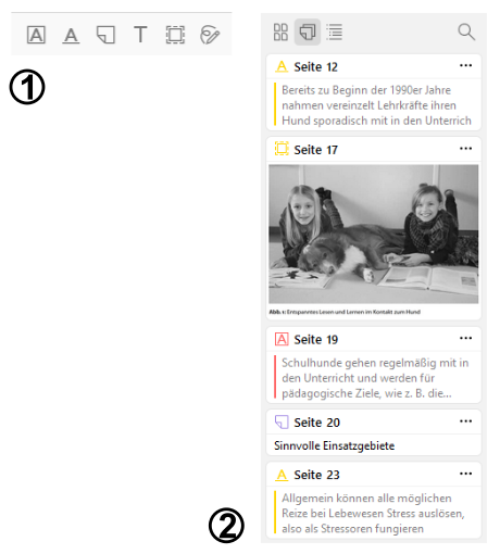 Screenshot von zwei nebeneinanderstehenden Screenshots aus Zotero. Erster Screenshot Ausschnitt von oberer Taskzeile im PDF-Editor von Zotero. Sechs nebeneinanderstehende Funktionen in Form von Piktogrammen. Von links nach rechts: A in einem Viereck (Textmarkierungen), unterstrichenes A (Textunterstreichungen), Notizzettel, gestrichelt umrandetes Viereck (Bildausschnitt), gezeichnete Kurve mit Stift (Zeichnungen). Zweiter Screenshot von linker Spalte im Zotero PDF-Editor. Untereinanderstehende Annotations-Kacheln.