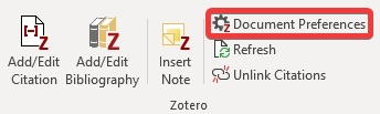 Screenshot von Programmausschnit aus Word. Ausschnitt von Zotero-Funktionen: Zitate/Bibliographie/Notizen einfügen links, rechts daneben untereinander stehende Funktionen "Document Preferences", "Refresh", "Unlink Citations". Funktion "Document Preferences" ist rot umrandet.