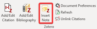 Ganz links Piktogramm eines Papierbogens und Bezeichnung "Add/Edit Citation", daneben Piktogramm von Büchern und Bezeichnung "Add/Edit Bibliography", daneben Pikogramm eines Notizzettels und Bezeichnung "Insert Note". Funktion ist rot umrandet.